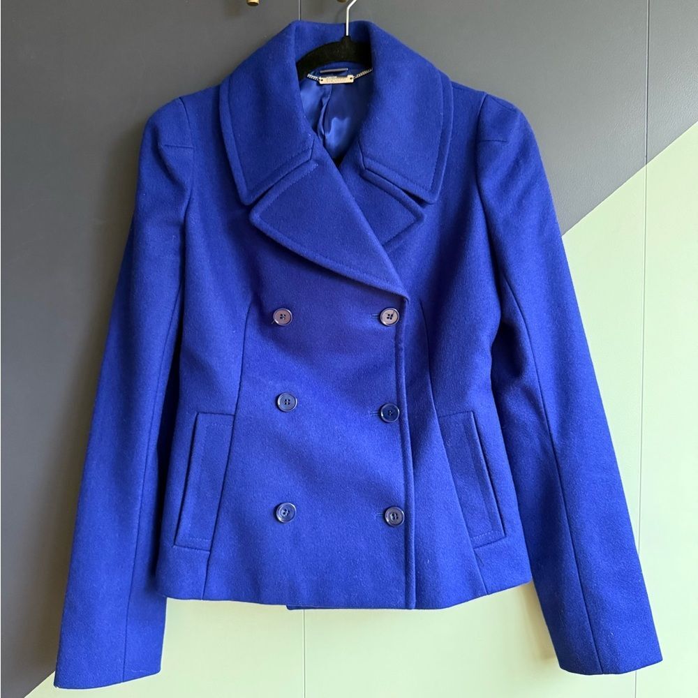 Alexander McQueen $2700 Cobalt Blue Wool/Cashmere Peacoat, Size IT 38 (US2), EUC